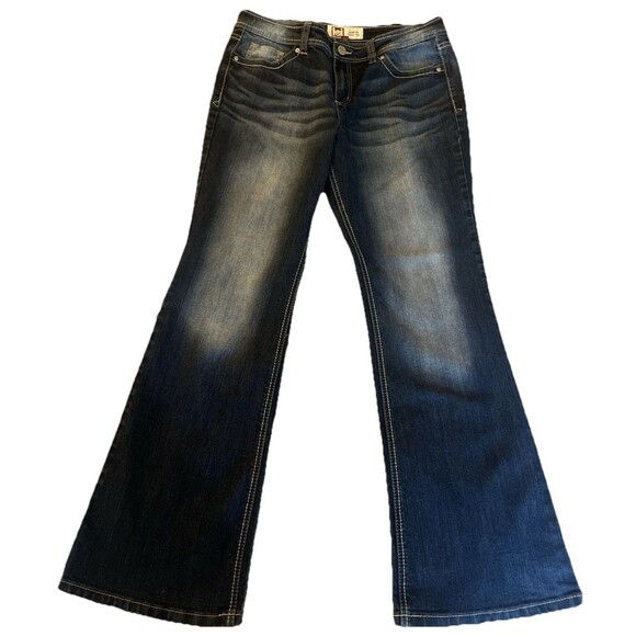 LEI Sophia Hipster Flare Jeans Womens 15L Medium Wash Boho Flap Pockets - Picture 1 of 11